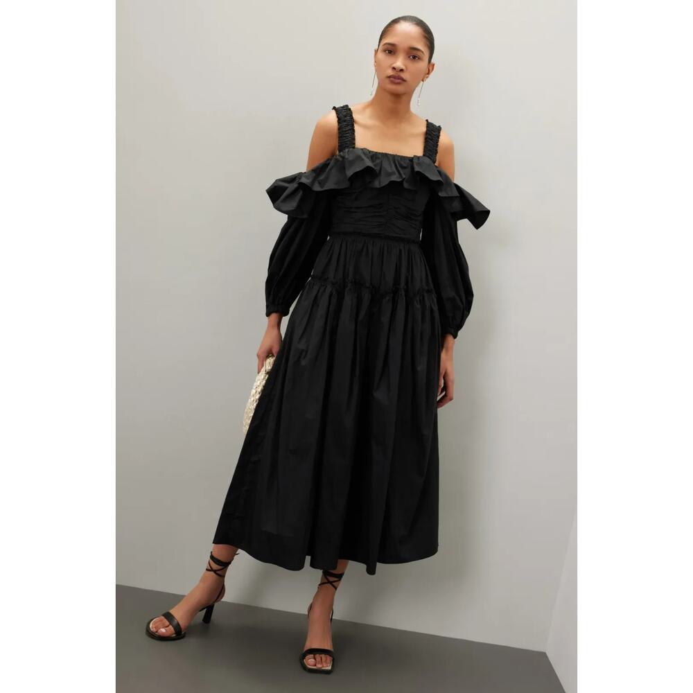 ULLA JOHNSON Caprice Cold-Shoulder Ruffled Puff Sleeves Midi Dress, 6, Rt. $520
